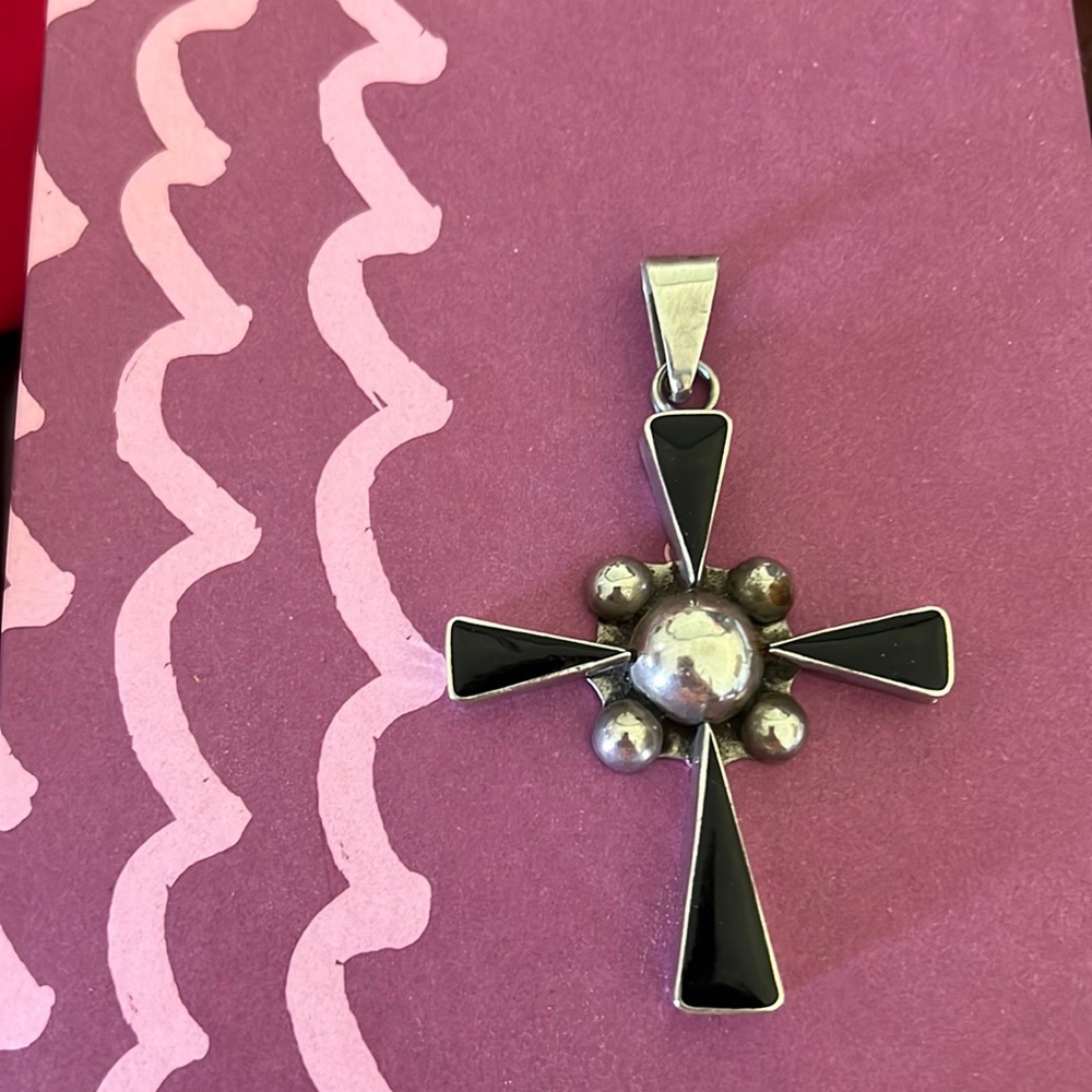 Sterling Silver Black Onyx Cross Hangs 3 Inches